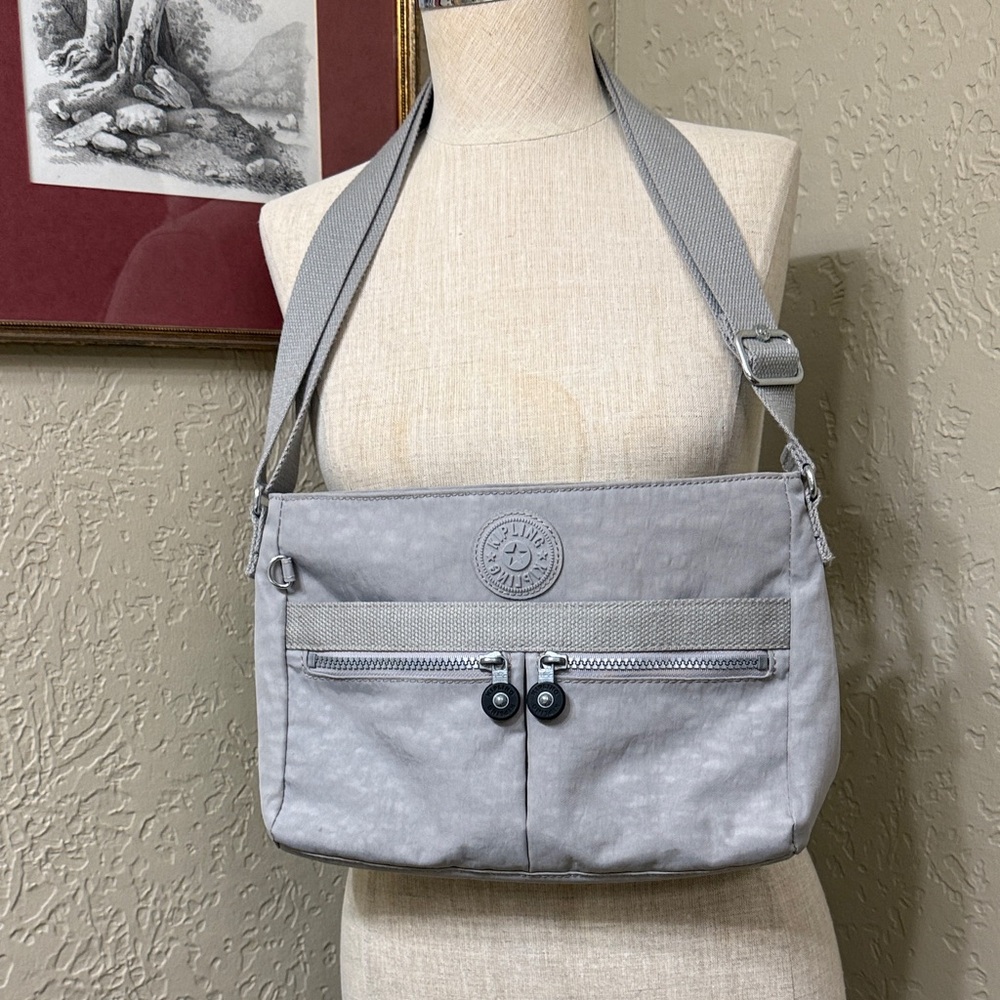 Kipling Angie Gray Gris Canvas Crossbody Bag adjustable strap